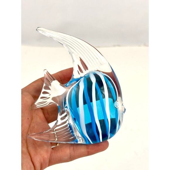 Handblown Art Glass Angelfish Paperweight – Blue & White Striped Figurine - Picture 13 of 16